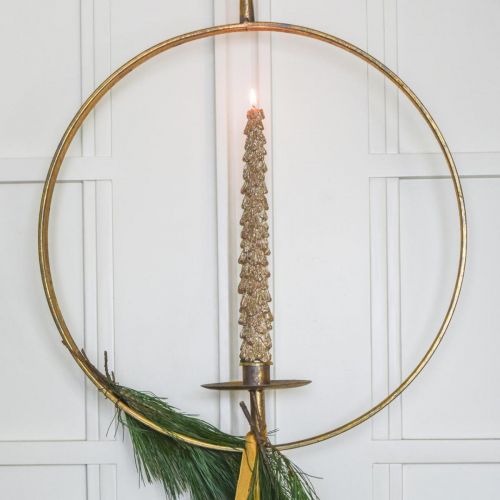 Castiçal para pendurar, anel decorativo para o Natal, decoração de velas em metal dourado, aspecto antigo Ø38cm Alt.47cm