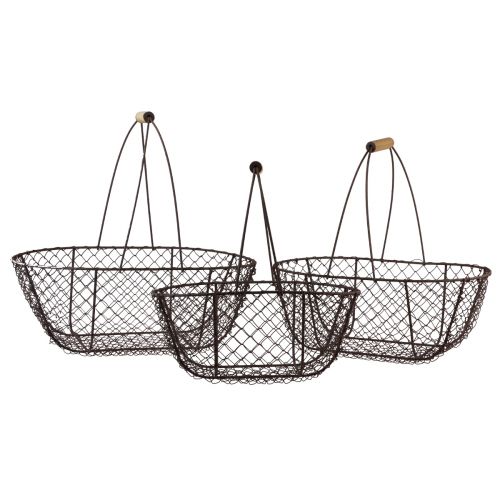 Cesto de arame cesto oval de metal com cabo de madeira 30/35,5/40cm conjunto de 3