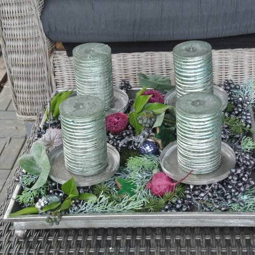 Floristik24 Bandeja de advento com 4 castiçais de 40 × 40 cm de aspecto antigo em metal / vidro prateado