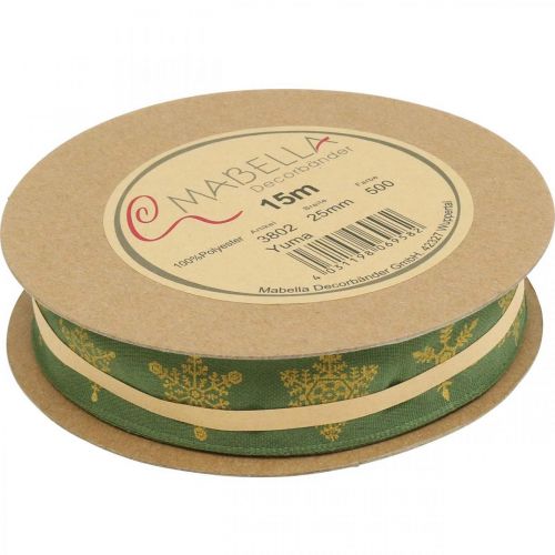 Floristik24 Fita Natal floco de neve verde amarelo 25mm 15m