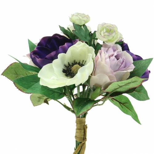 Bouquet com anêmonas e rosas violeta, creme 30cm