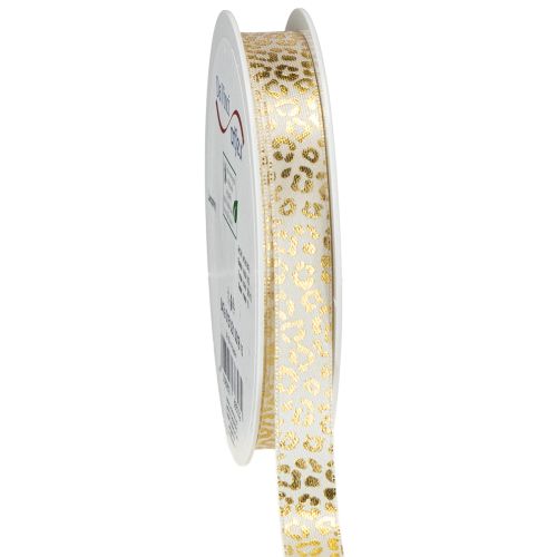 Fita de seda com estampa de leopardo creme dourado 15mm 18m