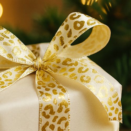 Itens Fita de seda com estampa de leopardo creme dourado 15mm 18m