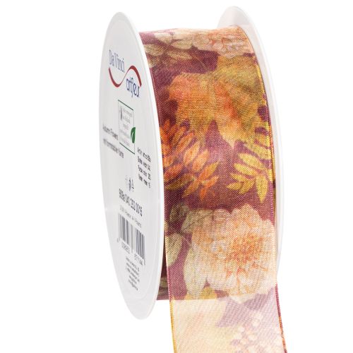 Fita para presentes em cores outonais, fita de organza com estampa floral, 40 mm, 15 m