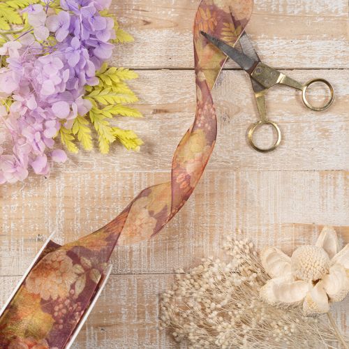 Fita para presentes em cores outonais, fita de organza com estampa floral, 40 mm, 15 m | Floristik24.pt