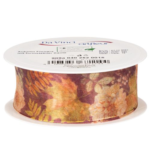 Fita para presentes em cores outonais, fita de organza com estampa floral, 40 mm, 15 m | Floristik24.pt