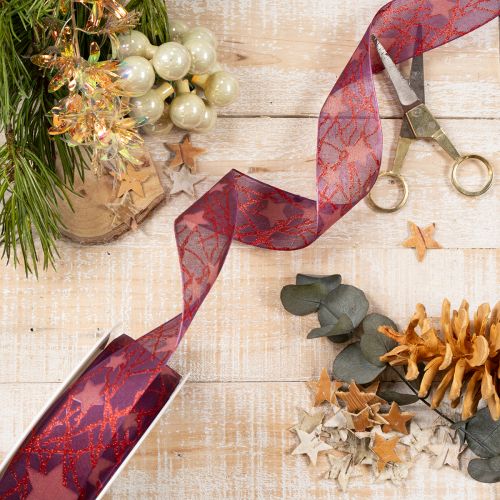 Fita decorativa brilhante com estampa de estrelas para decoração de Natal, 40 mm x 15 m | Floristik24.pt