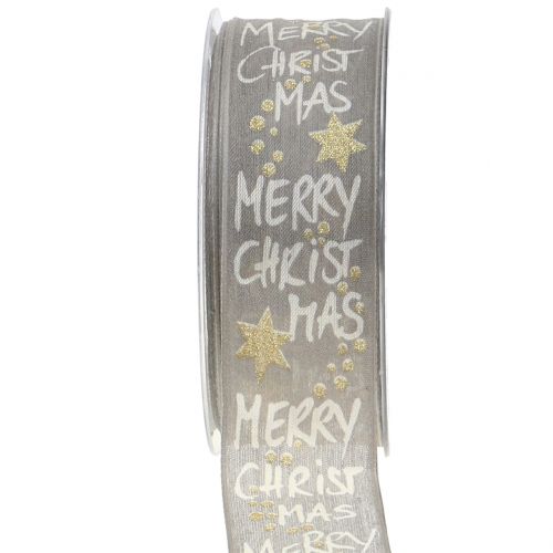 Floristik24 Fita &quot;Feliz Natal&quot; cinza, ouro 40mm 20m
