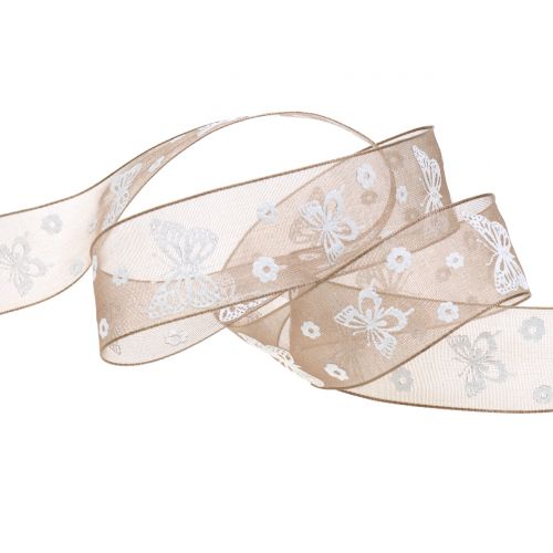 Floristik24 Fita de organza marrom borboleta 25mm 20m