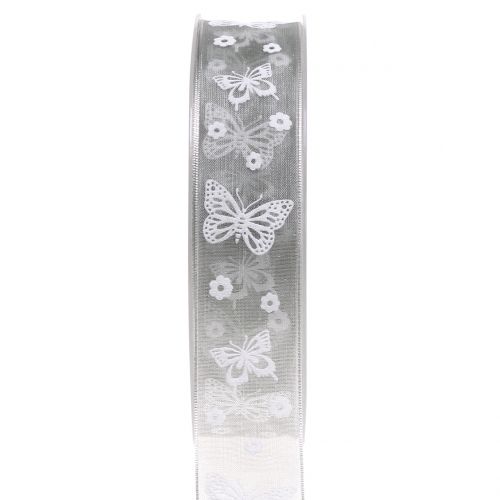 Floristik24 Fita de organza borboleta cinza 25mm 20m