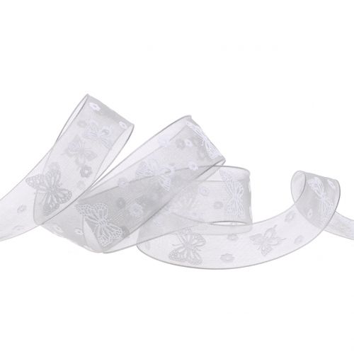 Floristik24 Fita de organza borboleta cinza 25mm 20m