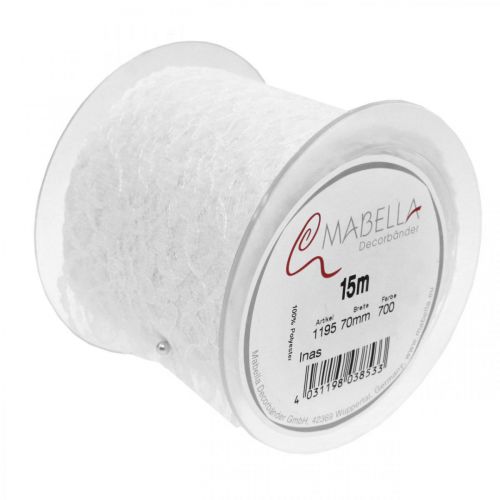 Floristik24 Fita de renda floral, caminho de mesa, decoração de casamento, fita de joias branca 70mm 15m