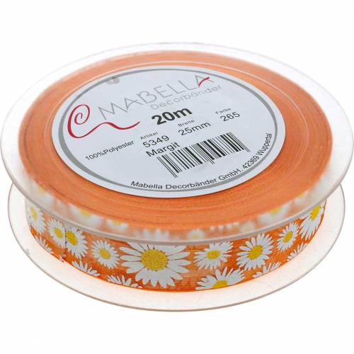 Floristik24 Fita de organza laranja com flores 25mm fita decorativa fita decorativa 20m