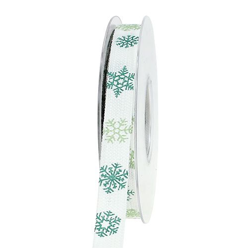Floristik24 Fita decorativa com flocos de neve branco, verde 15mm 15m