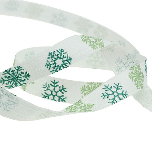 Floristik24 Fita decorativa com flocos de neve branco, verde 15mm 15m