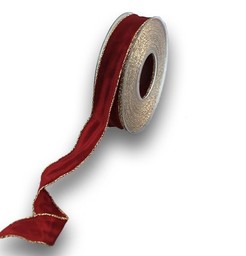 Floristik24 Fita de seda Bordo com orla dourada 25mm 25m