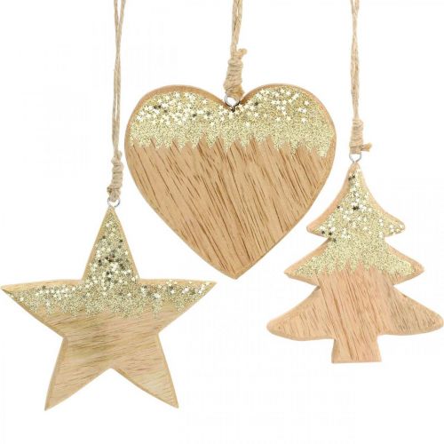 Floristik24 Decoração de Natal estrela / coração / árvore, pingente de madeira, decoração do Advento H10/12,5 cm 3 unidades