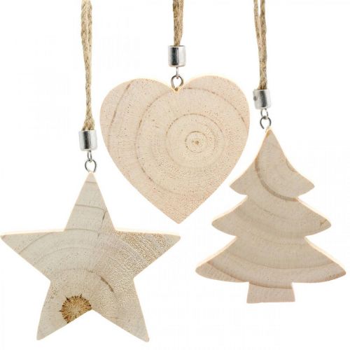 Floristik24 Pingente decorativo estrela / coração / árvore de Natal, decoração em madeira, Advento H9.5 / 8 / 10cm 6 unidades