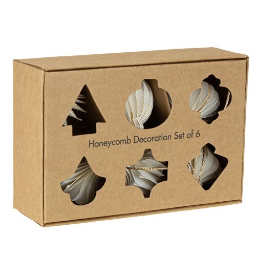 Itens Enfeites de Natal de papel, em formato de favo de mel, brancos e dourados, 4 cm, 6 peças