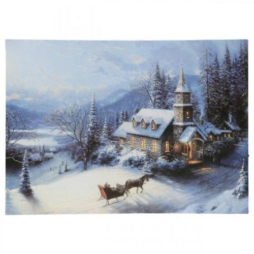 Floristik24 Paisagem de inverno mural de LED com igreja 38×28cm Para bateria