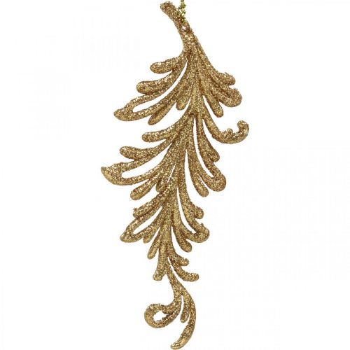Itens Pendentes de árvore com glitter, penas decorativas para pendurar, decorações de Natal douradas C16cm 6 un