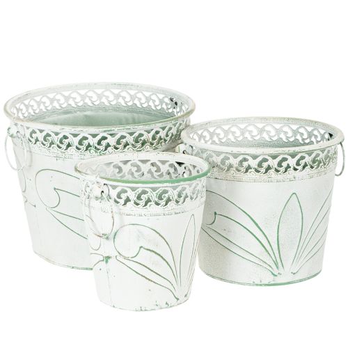 Floristik24 Vaso de metal com relevo e alças, branco e verde, estilo shabby chic, A22/19,5/17,5cm, Ø25,5/20,5/15,5cm, conjunto de 3