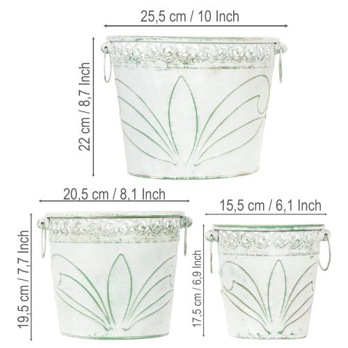 Itens Vaso de metal com relevo e alças, branco e verde, estilo shabby chic, A22/19,5/17,5cm, Ø25,5/20,5/15,5cm, conjunto de 3