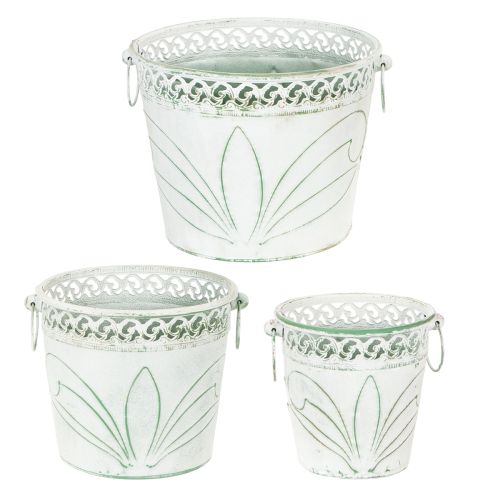 Itens Vaso de metal com relevo e alças, branco e verde, estilo shabby chic, A22/19,5/17,5cm, Ø25,5/20,5/15,5cm, conjunto de 3