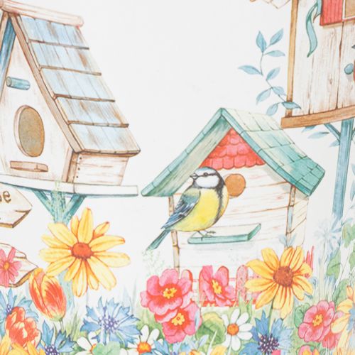 Itens Vaso de lata com casinhas de pássaros, decoração de verão, floreira com 14,5 cm de altura e 13,5 cm de diâmetro.