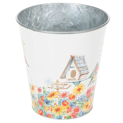 Itens Vaso de lata com casinhas de pássaros, decoração de verão, floreira com 14,5 cm de altura e 13,5 cm de diâmetro.