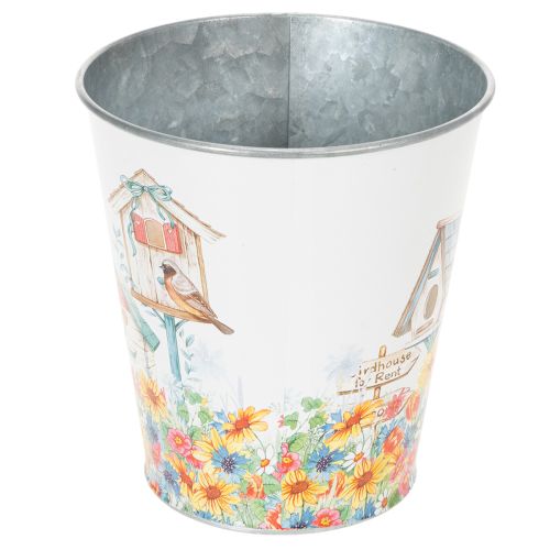 Itens Vaso de lata com casinhas de pássaros, decoração de verão, floreira com 14,5 cm de altura e 13,5 cm de diâmetro.