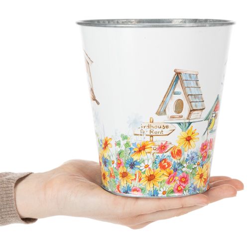 Itens Vaso de lata com casinhas de pássaros, decoração de verão, floreira com 14,5 cm de altura e 13,5 cm de diâmetro.