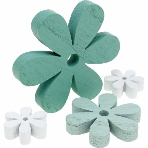 Floristik24 Decoração dispersa flor verde, menta, flores de madeira brancas para espalhar 29 unidades
