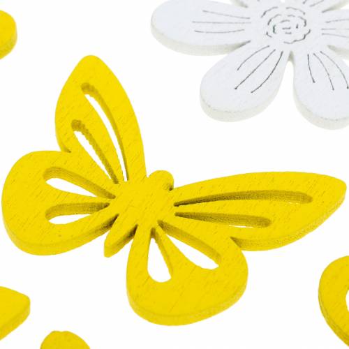 Itens Flores e borboletas para polvilhar amarelo, polvilhar madeira branca decoração decoração de primavera 72pcs