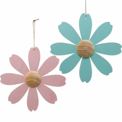 Floristik24 Flores de madeira para pendurar, decoração de primavera, flor de madeira rosa e azul, verão, flores decorativas 4pcs