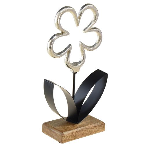 Itens Flor decoração metal prata base madeira preta 15x29cm