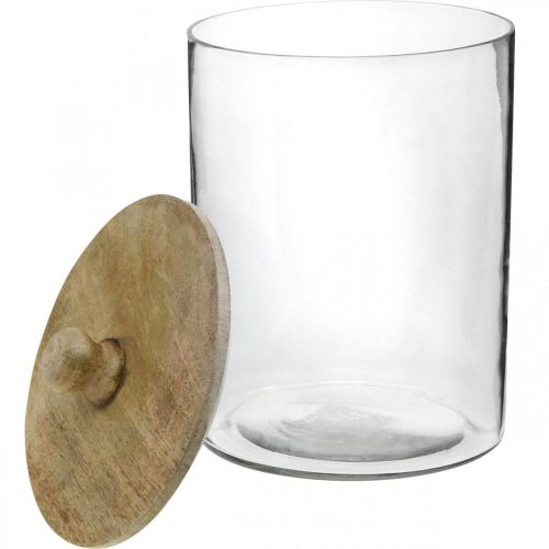 Itens Frasco de vidro, bonboniere com tampa de madeira, vidro decorativo cor natural, transparente Ø17cm A24,5cm