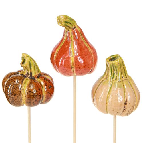Mini abóboras coloridas em palitos de cerâmica, decoração 5-6,5 cm, 3 peças