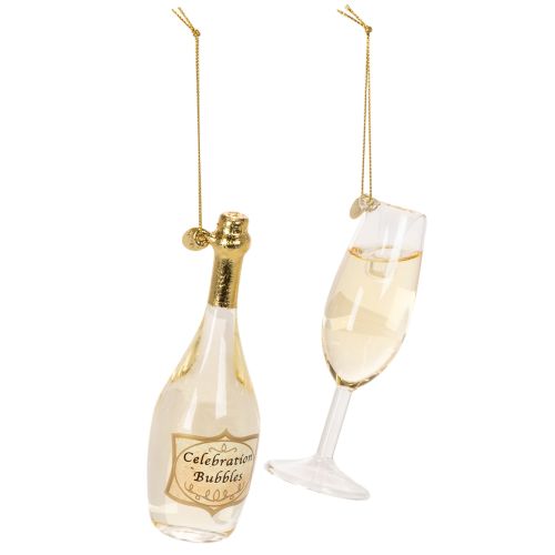 Conjunto de pingente com garrafa e taça de champanhe, decoração para árvore de Natal, 14 cm, 2 peças