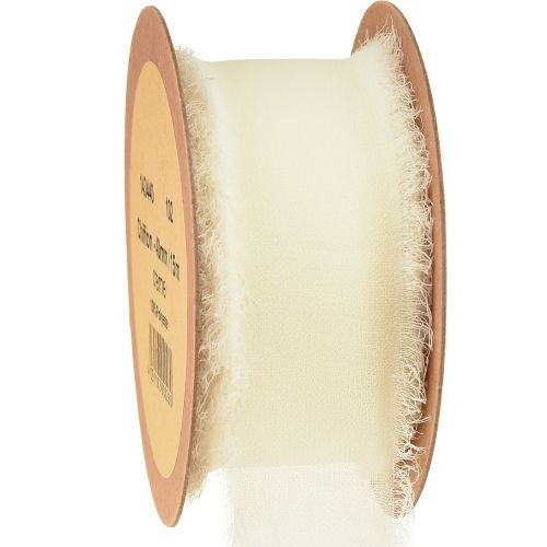 Floristik24 Fita de tecido chiffon creme com franjas 40mm 15m