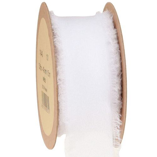 Floristik24 Fita de chiffon fita de tecido branco com franjas 40mm 15m