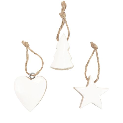Floristik24 Decorações para árvores de Natal mistura de madeira coração estrela árvore de Natal branca, natural 5 cm 27 unidades