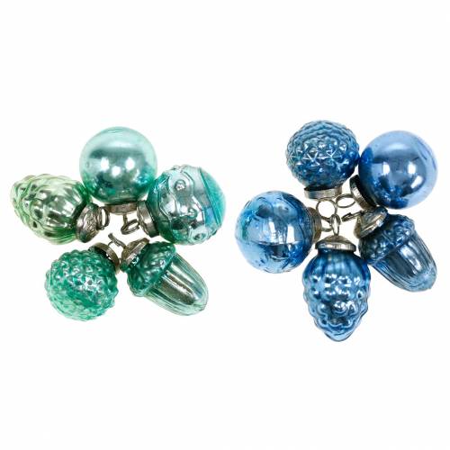 Floristik24 Mini decoração de árvore mistura frutas e bolas de outono azul/verde, vidro real prateado 3,4–4,4 cm 10 peças