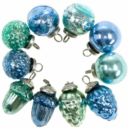 Floristik24 Mini decoração de árvore mistura frutas e bolas de outono azul/verde, vidro real prateado 3,4–4,4 cm 10 peças