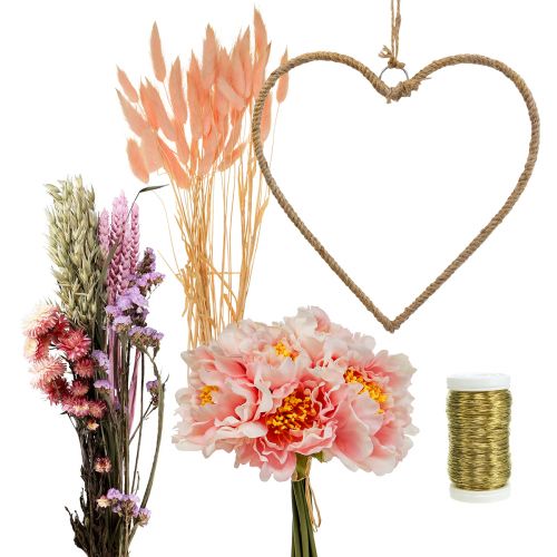 Itens Caixa DIY laço de decoração de coração com peônias e flores secas rosa 33 cm