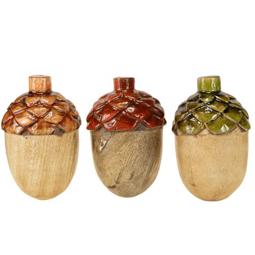Itens Bolotas decorativas de madeira para decoração de mesa, nas cores verde, laranja e vermelha, 10 cm de altura, conjunto com 3 peças.