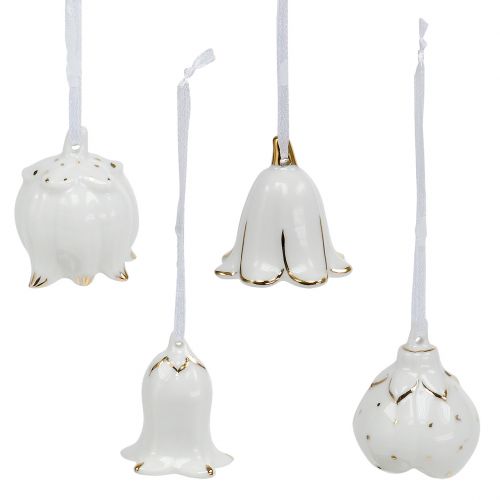 Floristik24 Sinos decorativos em forma de flor branco, dourado 4 unidades