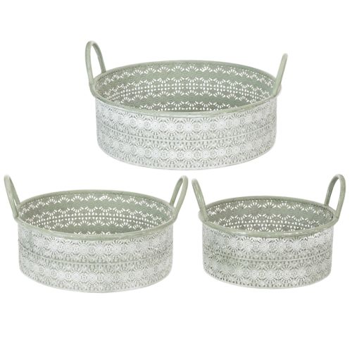 Itens Conjunto de 3 vasos decorativos de metal com alças, estilo vintage.