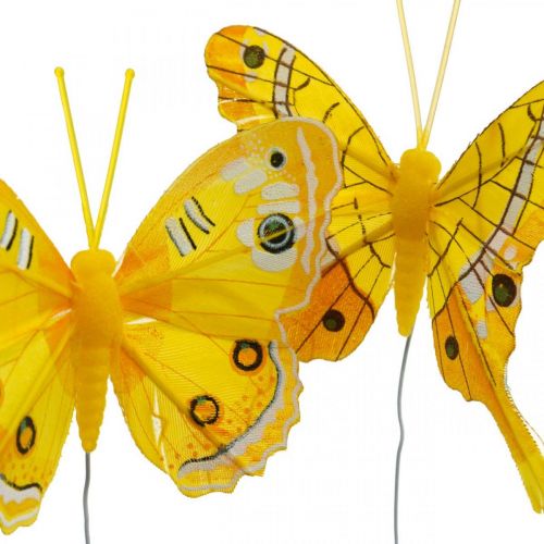 Itens Borboletas decorativas borboleta de penas amarelas em fio 7,5 cm 6 unidades