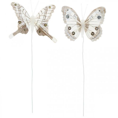 Floristik24 Borboletas decorativas brancas, borboletas de penas marrons em fio 7,5 cm 6 unidades